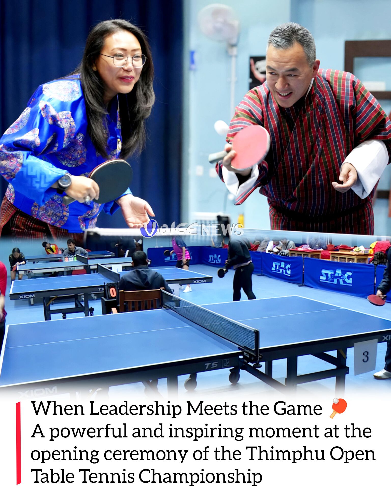 、「XIOM AAO nAO TAN আলালা IAG When Leadership Meets the Game A powerful and inspiring moment at the opening ceremony of the Thimphu Open Table Tennis Championship」というテキストの画像のようです